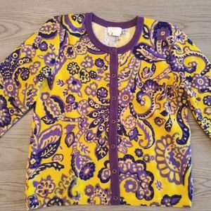 Kate Spade 100% Wool knit Yellow & Purple Cardigan Sweater